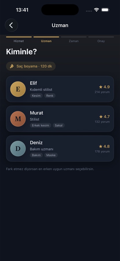 App de citas: elección de especialista con calificaciones y etiquetas de especialidad