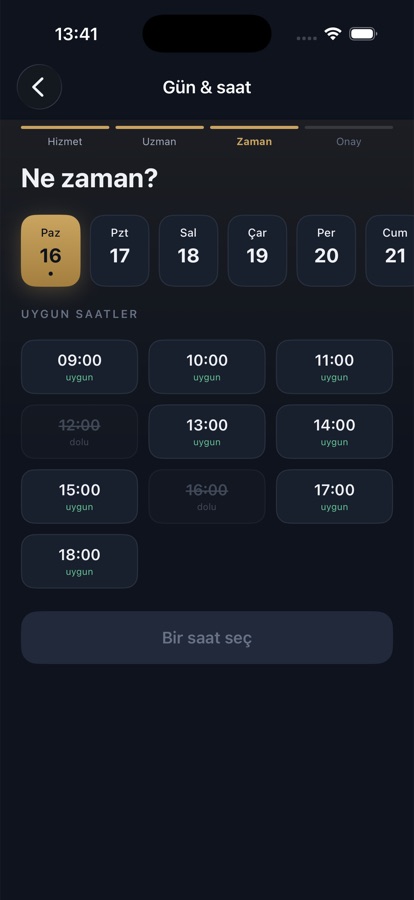 Booking app: date and time selection, busy slots blocked out